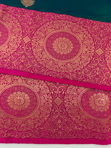 Banarasi Katan Pure Silk Saree | Peacock Blue Green & Pink| Gold Zari | Handwoven | Ships from California